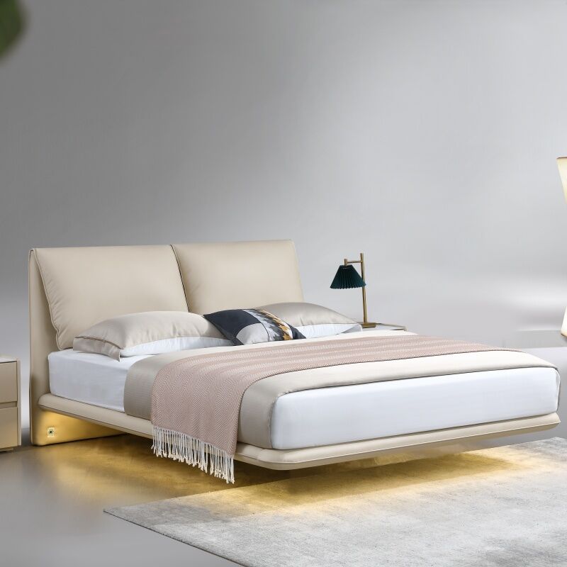 Cream style Baby Elephant Ears suspended leather bed High back upholstered bedroom furniture Beige double beds