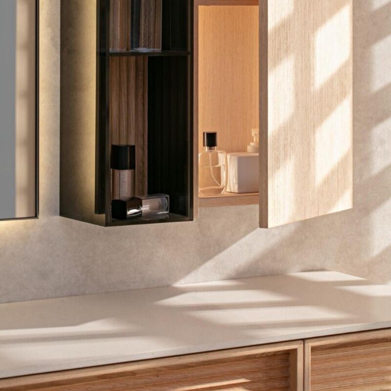 Japanese style yellow wood veneer bathroom cabinet natural marble countertop bathroom shelf - Image 2