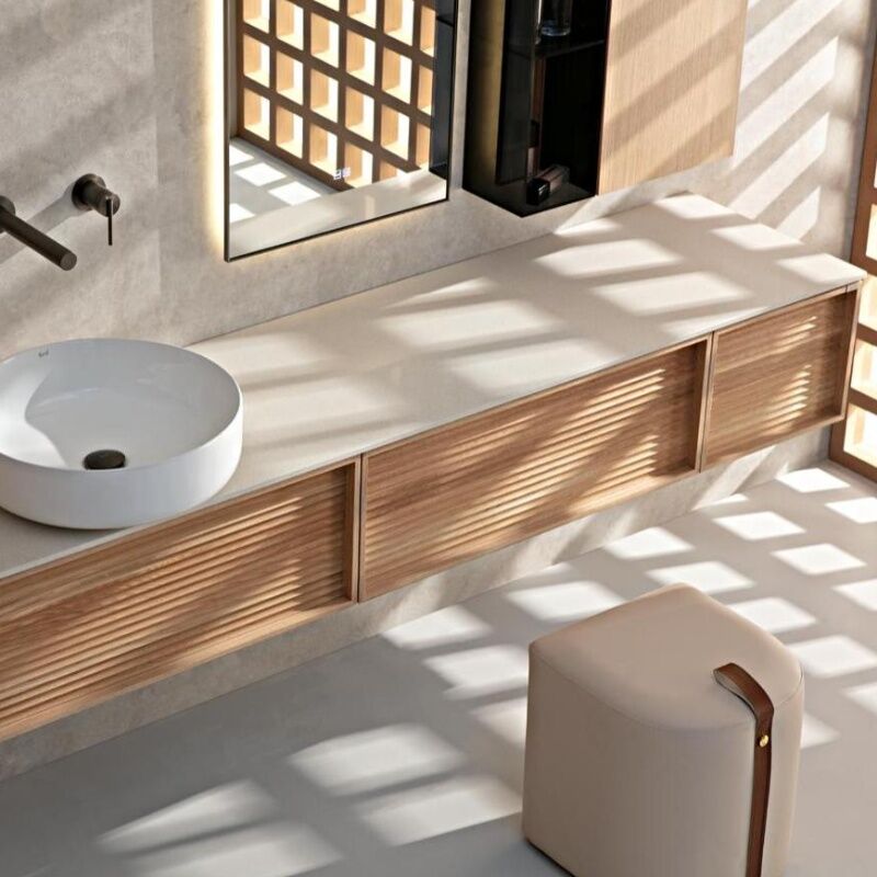 Japanese style yellow wood veneer bathroom cabinet natural marble countertop bathroom shelf