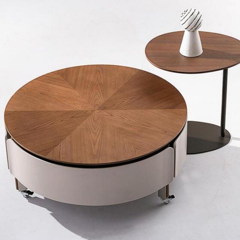 Mid-Century Modern Solid Wood Storage Coffee Table Combination Living Room Minimalist Designer Walnut Mosaic Round Coffee Table