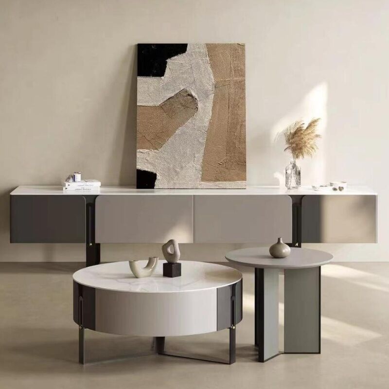 Minimally Designed New Round Coffee Table Apartment Living Room Furniture with Solid Wood Base and Marble Coffee Table