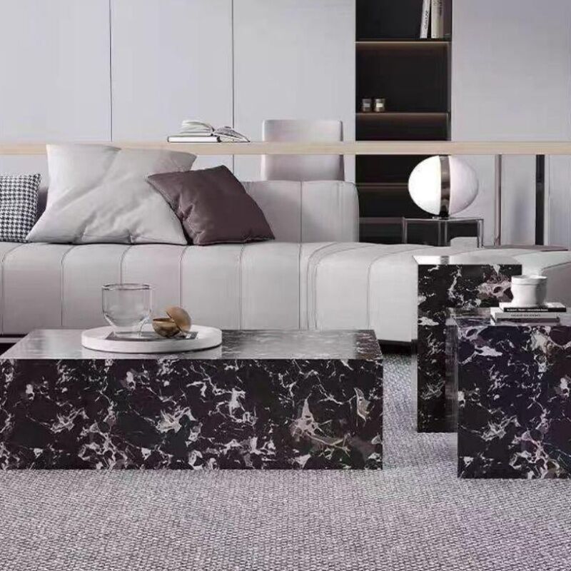 Modern Nordic Style Antique Marble Base Coffee Table Set Natural Stone Finish Low Center Living Room Furniture