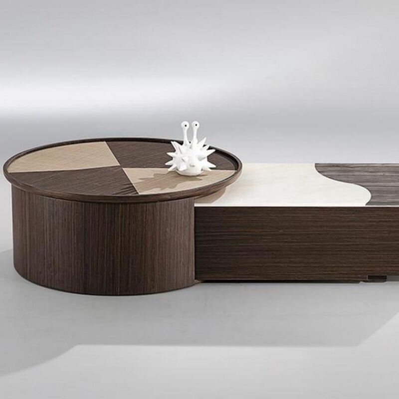 New Wabi-Sabi Retractable Set Coffee Table Vintage Living Room Home Smoked Black Wood Veneer Round Coffee Table