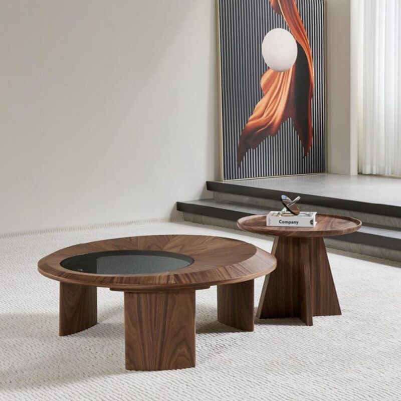 Nordic Industrial Home Furniture Living Room Center Table MDF Veneer Fluted Solid Wood Round Coffee Table